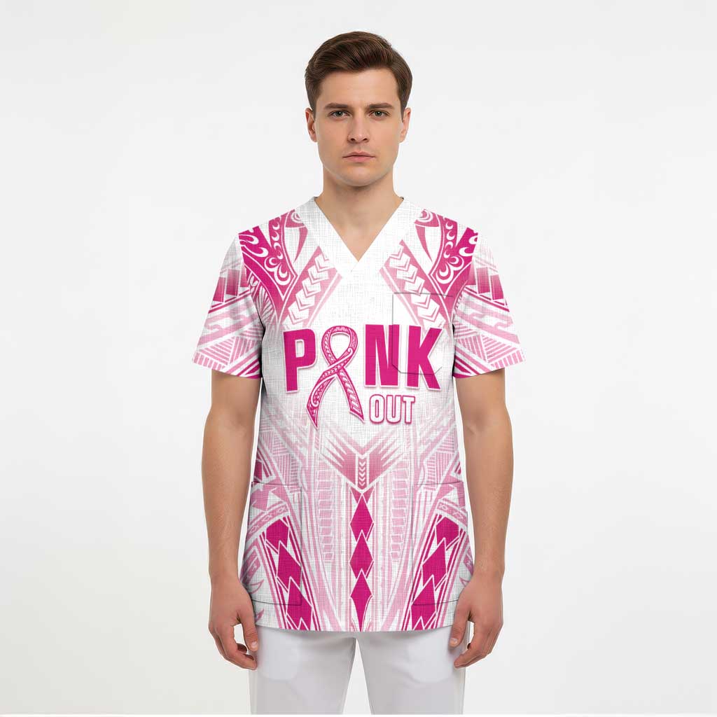 Breast Cancer Pink Out Scrub Top Polynesian Art Tattoo White Version - Polynesian Pride