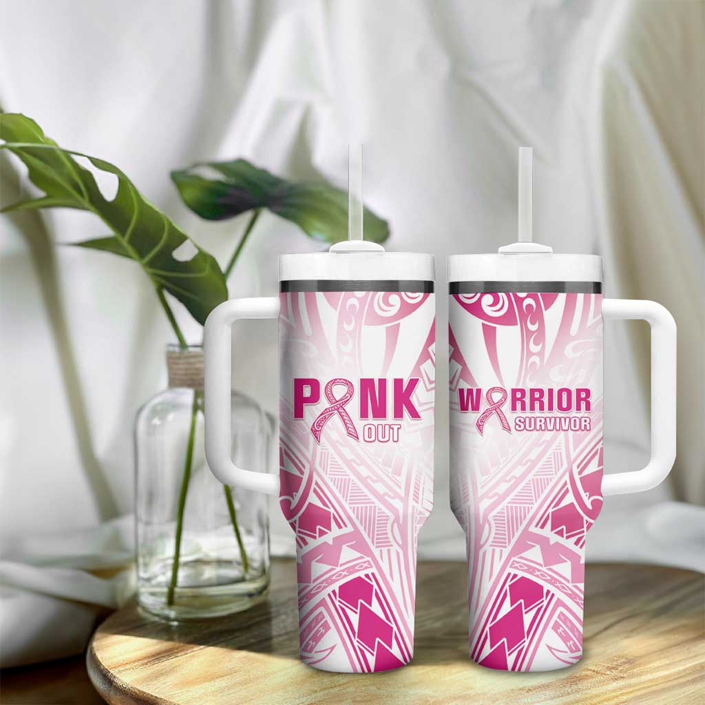 Breast Cancer Pink Out Tumbler With Handle Polynesian Art Tattoo White Version