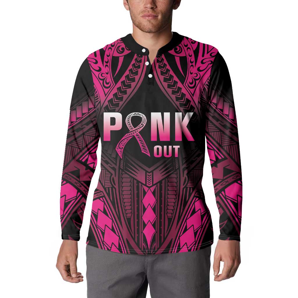 Breast Cancer Pink Out Button Sweatshirt Polynesian Art Tattoo Black Version