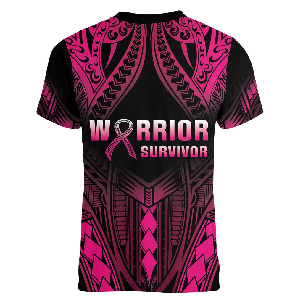 Breast Cancer Pink Out Women V-Neck T-Shirt Polynesian Art Tattoo Black Version