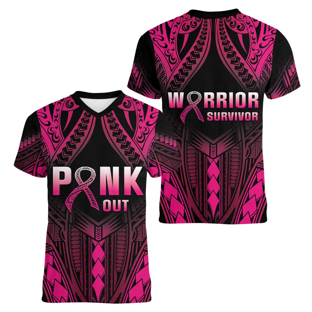 Breast Cancer Pink Out Women V-Neck T-Shirt Polynesian Art Tattoo Black Version