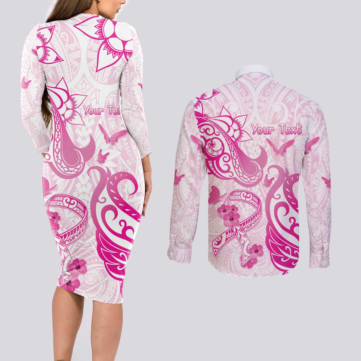 Personalised Breast Cancer Awareness Couples Matching Long Sleeve Bodycon Dress and Long Sleeve Button Shirt Ribbon Polynesian Pattern White Version