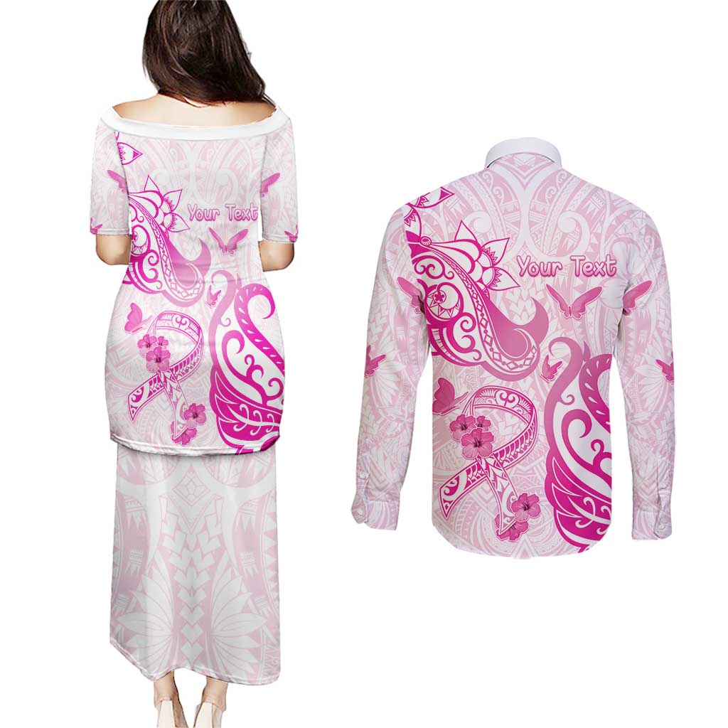 Personalised Breast Cancer Awareness Couples Matching Puletasi and Long Sleeve Button Shirt Ribbon Polynesian Pattern White Version
