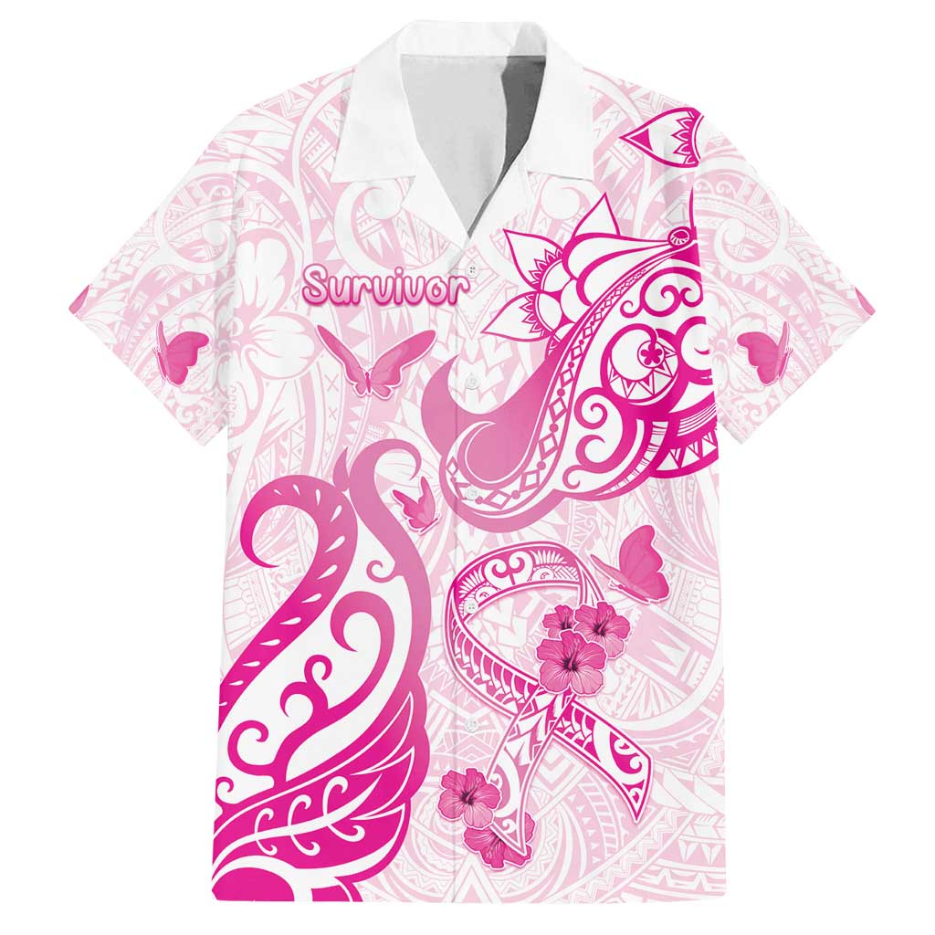 Personalised Breast Cancer Awareness Family Matching Long Sleeve Bodycon Dress and Hawaiian Shirt Ribbon Polynesian Pattern White Version