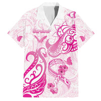 Personalised Breast Cancer Awareness Family Matching Long Sleeve Bodycon Dress and Hawaiian Shirt Ribbon Polynesian Pattern White Version