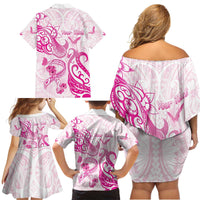 Personalised Breast Cancer Awareness Family Matching Off Shoulder Short Dress and Hawaiian Shirt Ribbon Polynesian Pattern White Version
