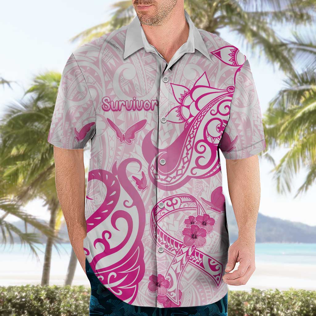 Personalised Breast Cancer Awareness Hawaiian Shirt Ribbon Polynesian Pattern White Version