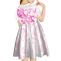 Personalised Breast Cancer Awareness Kid Short Sleeve Dress Ribbon Polynesian Pattern White Version