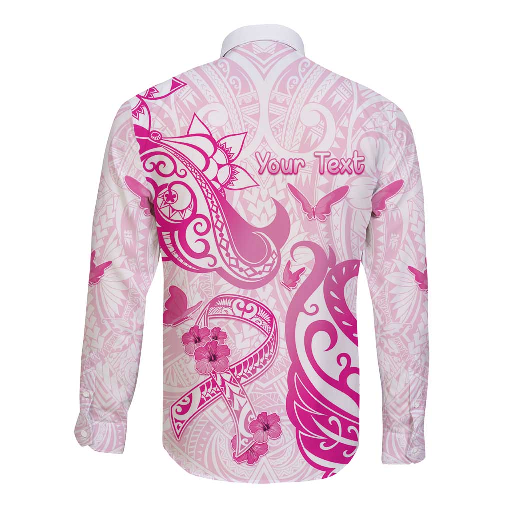 Personalised Breast Cancer Awareness Long Sleeve Button Shirt Ribbon Polynesian Pattern White Version