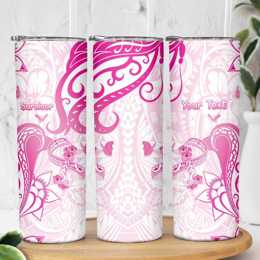 Personalised Breast Cancer Awareness Skinny Tumbler Ribbon Polynesian Pattern White Version