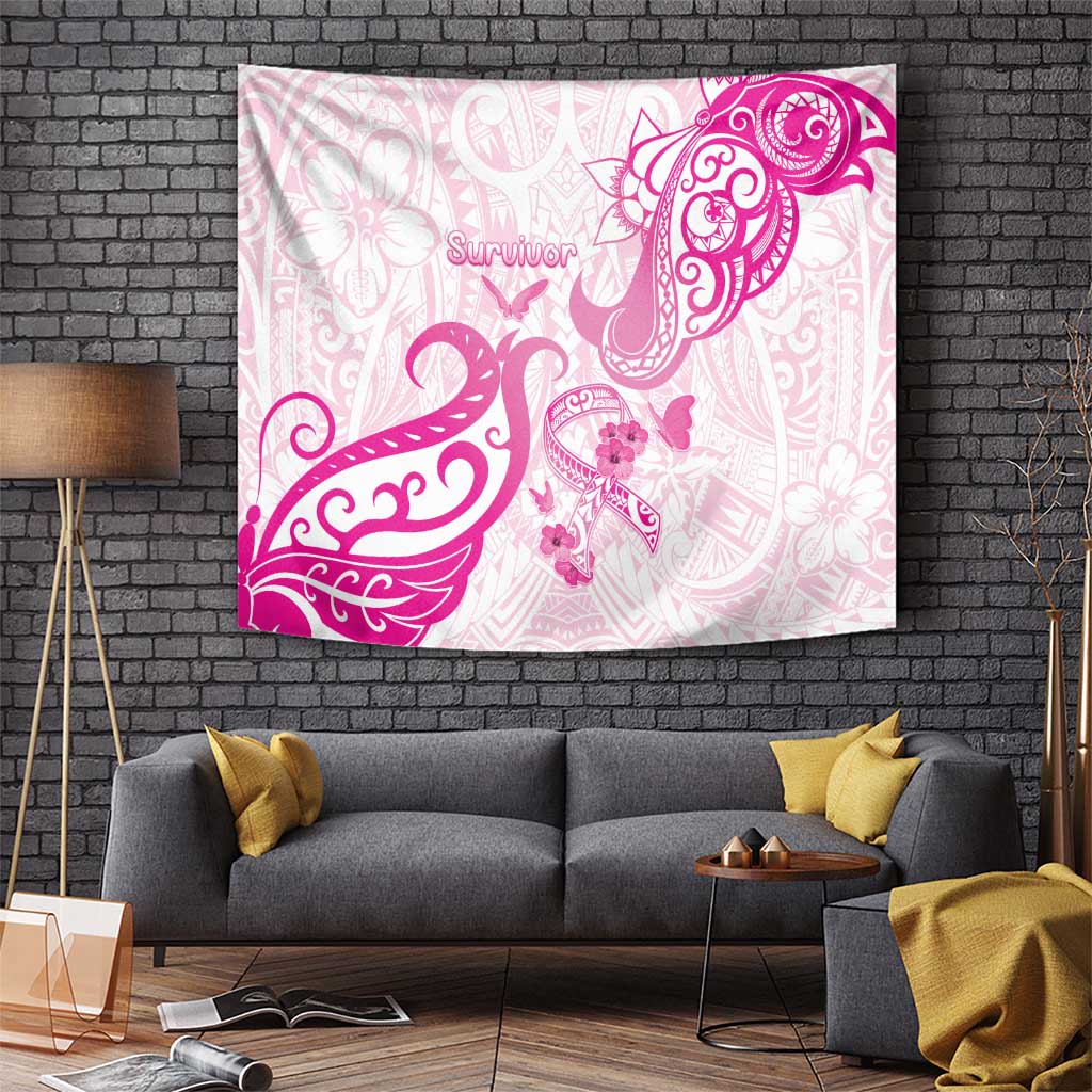 Breast Cancer Awareness Tapestry Ribbon Polynesian Pattern White Version