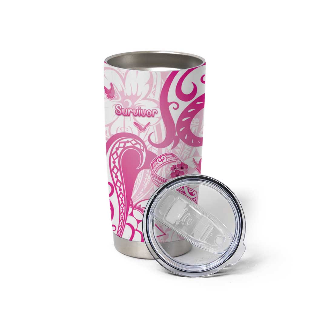 Personalised Breast Cancer Awareness Tumbler Cup Ribbon Polynesian Pattern White Version