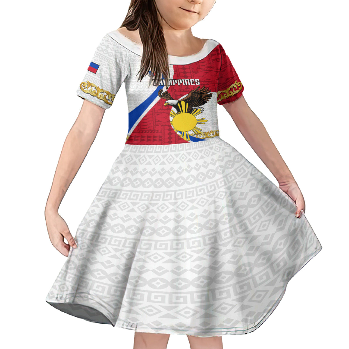 Personalized Philippines Family Matching Off Shoulder Maxi Dress and Hawaiian Shirt The Eight-Rayed Sun Bald Eagle Polynesian Pattern LT05 Daughter's Dress Red - Polynesian Pride