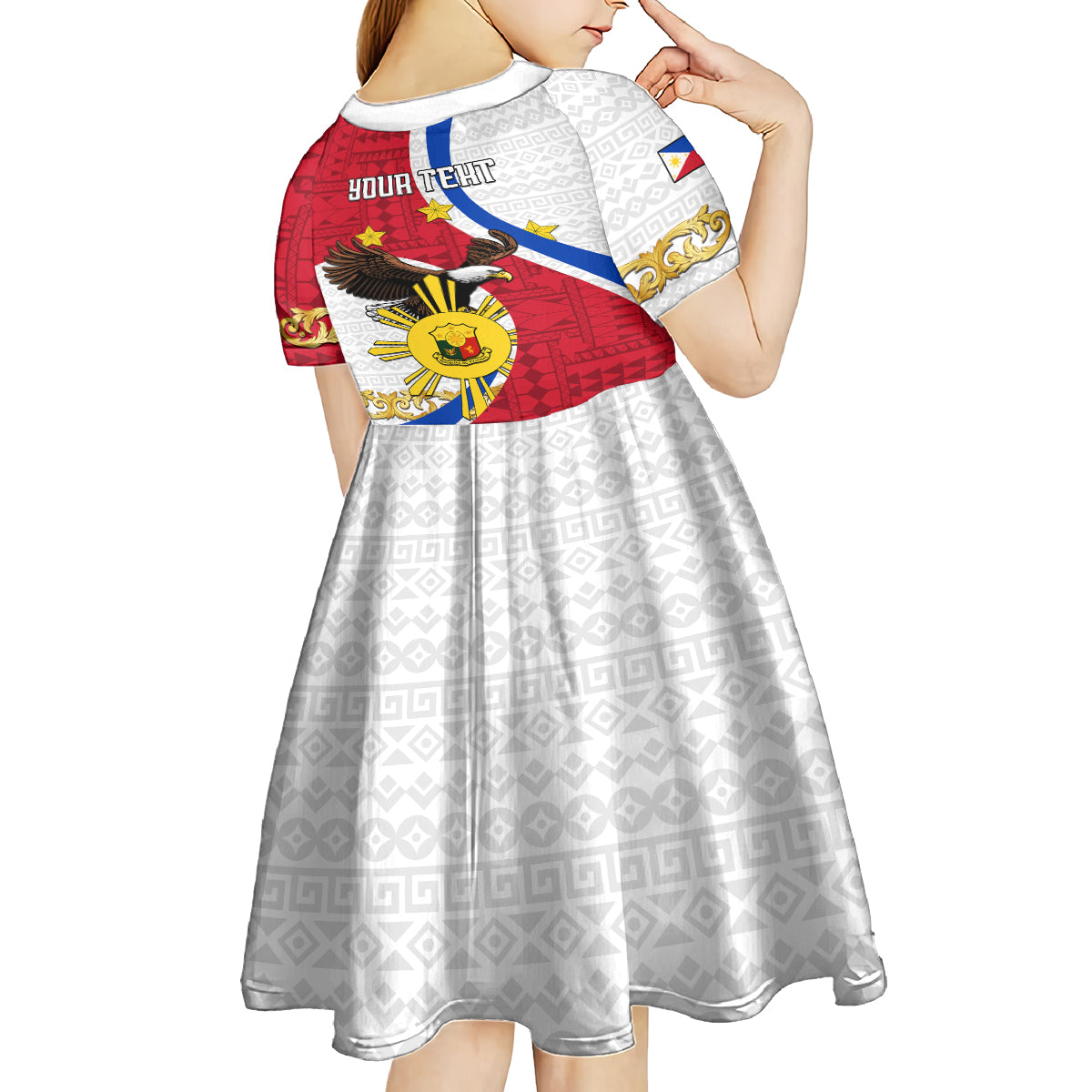 Personalized Philippines Kid Short Sleeve Dress The Eight-Rayed Sun Bald Eagle Polynesian Pattern LT05 - Polynesian Pride