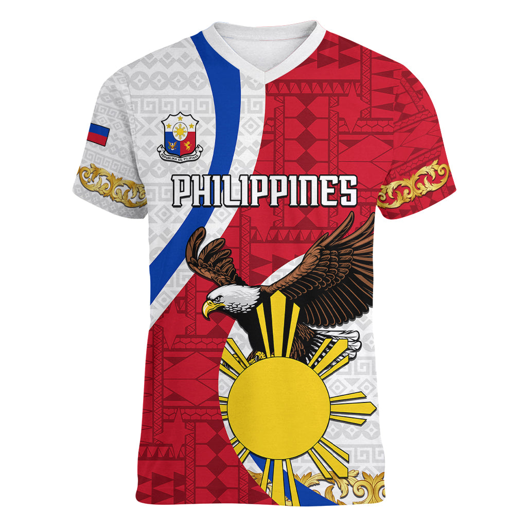 personalized-philippines-women-v-neck-t-shirt-the-eight-rayed-sun-bald-eagle-polynesian-pattern
