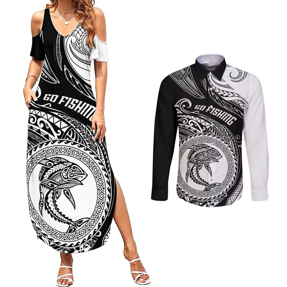 go-fishing-couples-matching-summer-maxi-dress-and-long-sleeve-button-shirts-polynesian-pattern