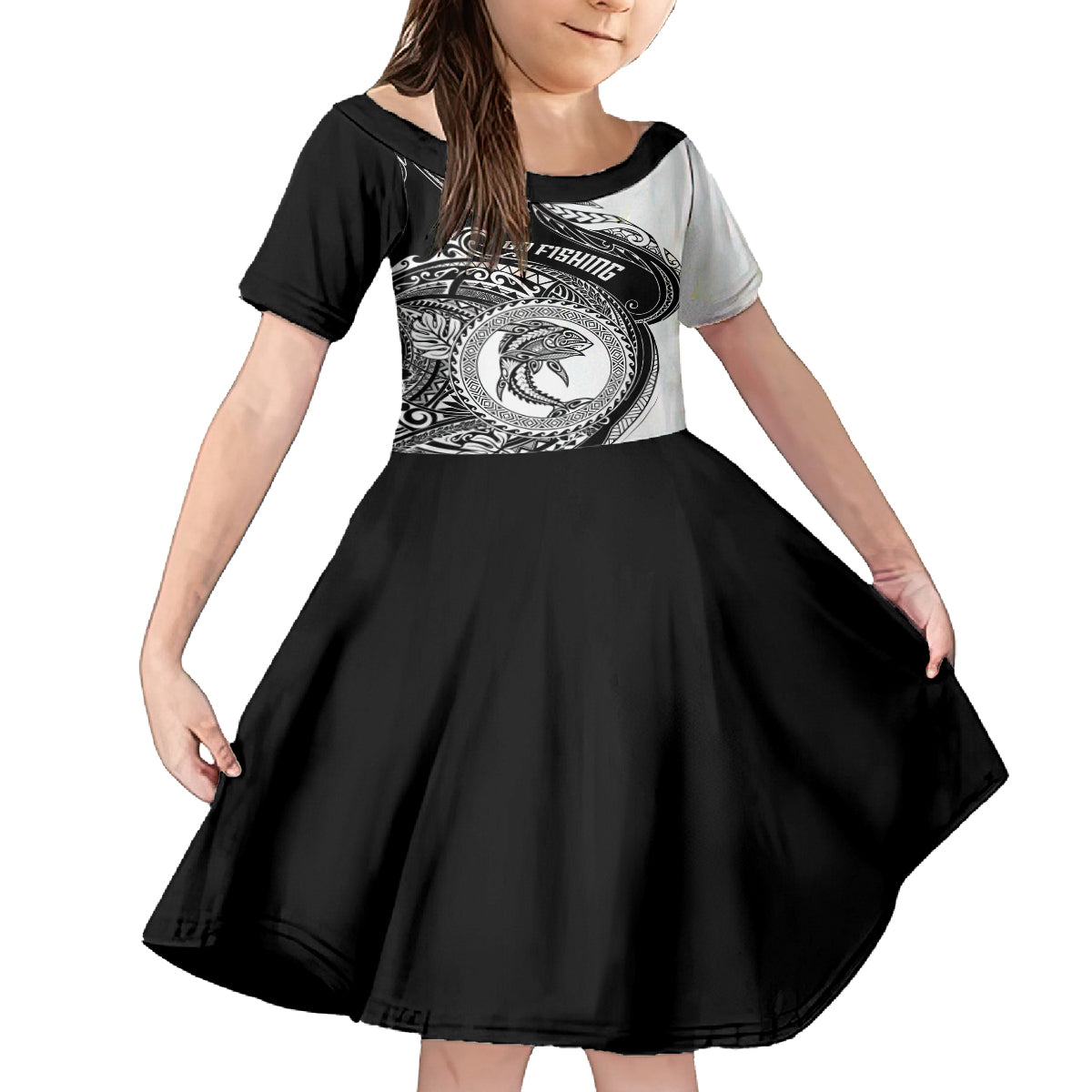 Go Fishing Family Matching Off Shoulder Maxi Dress and Hawaiian Shirt Polynesian Pattern LT05 Daughter's Dress Black - Polynesian Pride