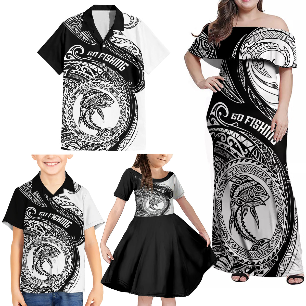 Go Fishing Family Matching Off Shoulder Maxi Dress and Hawaiian Shirt Polynesian Pattern LT05 - Polynesian Pride