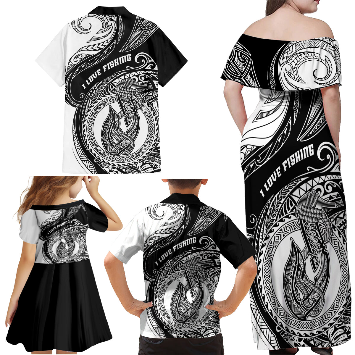 Go Fishing Family Matching Off Shoulder Maxi Dress and Hawaiian Shirt Polynesian Pattern LT05 - Polynesian Pride