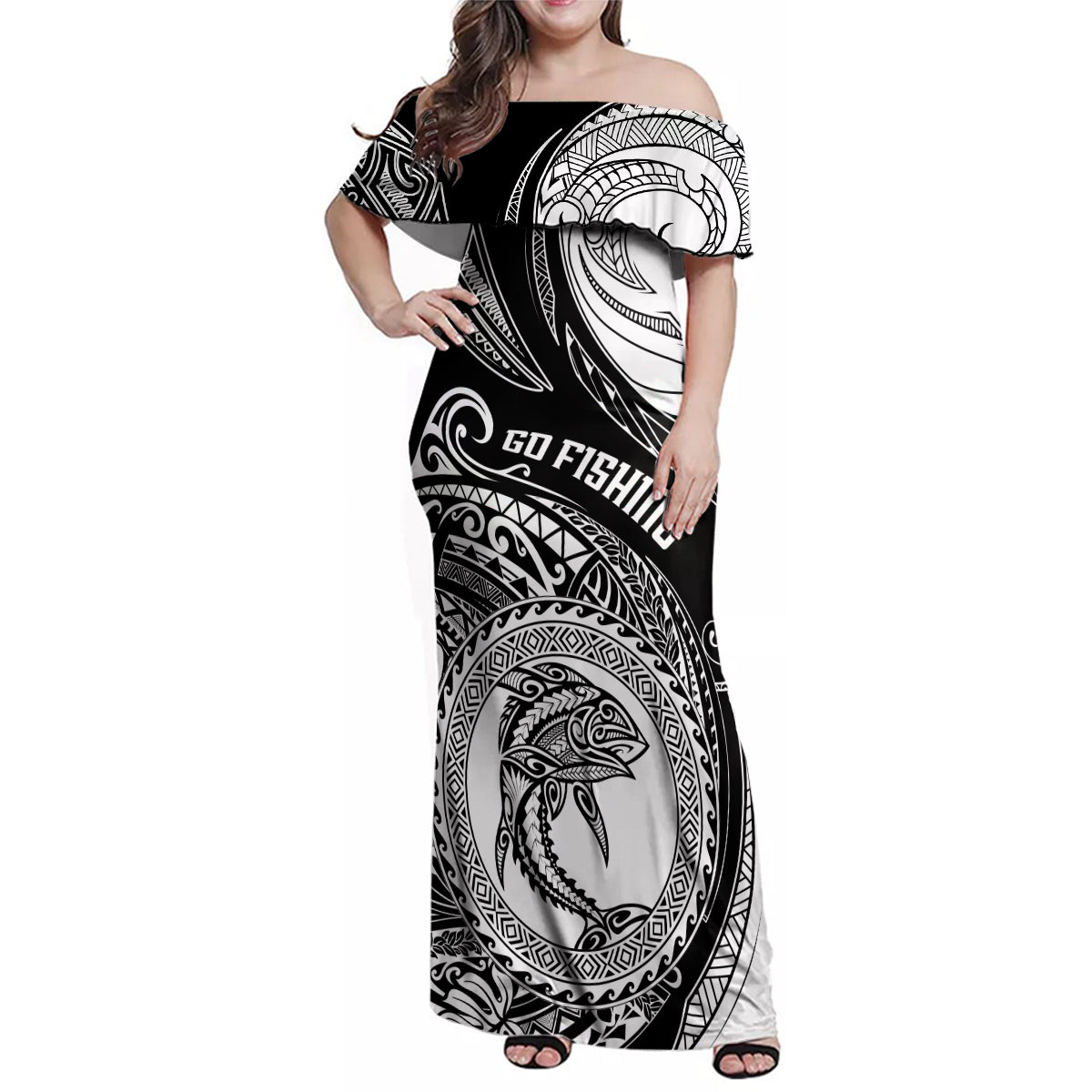 Go Fishing Family Matching Off Shoulder Maxi Dress and Hawaiian Shirt Polynesian Pattern LT05 Mom's Dress Black - Polynesian Pride
