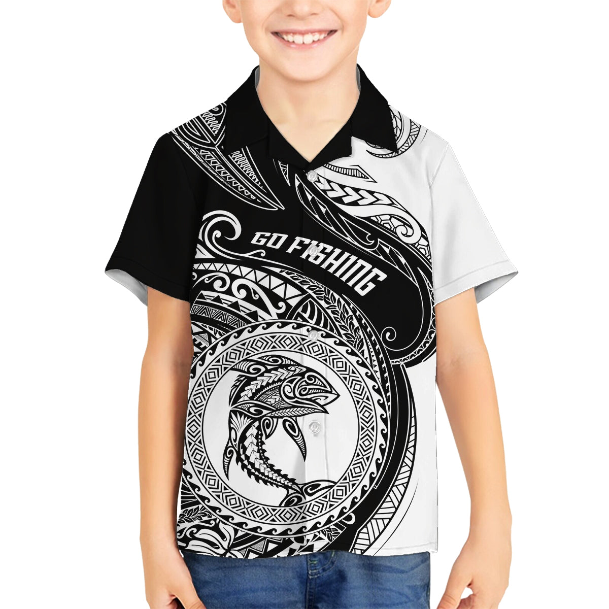Go Fishing Family Matching Off Shoulder Maxi Dress and Hawaiian Shirt Polynesian Pattern LT05 Son's Shirt Black - Polynesian Pride