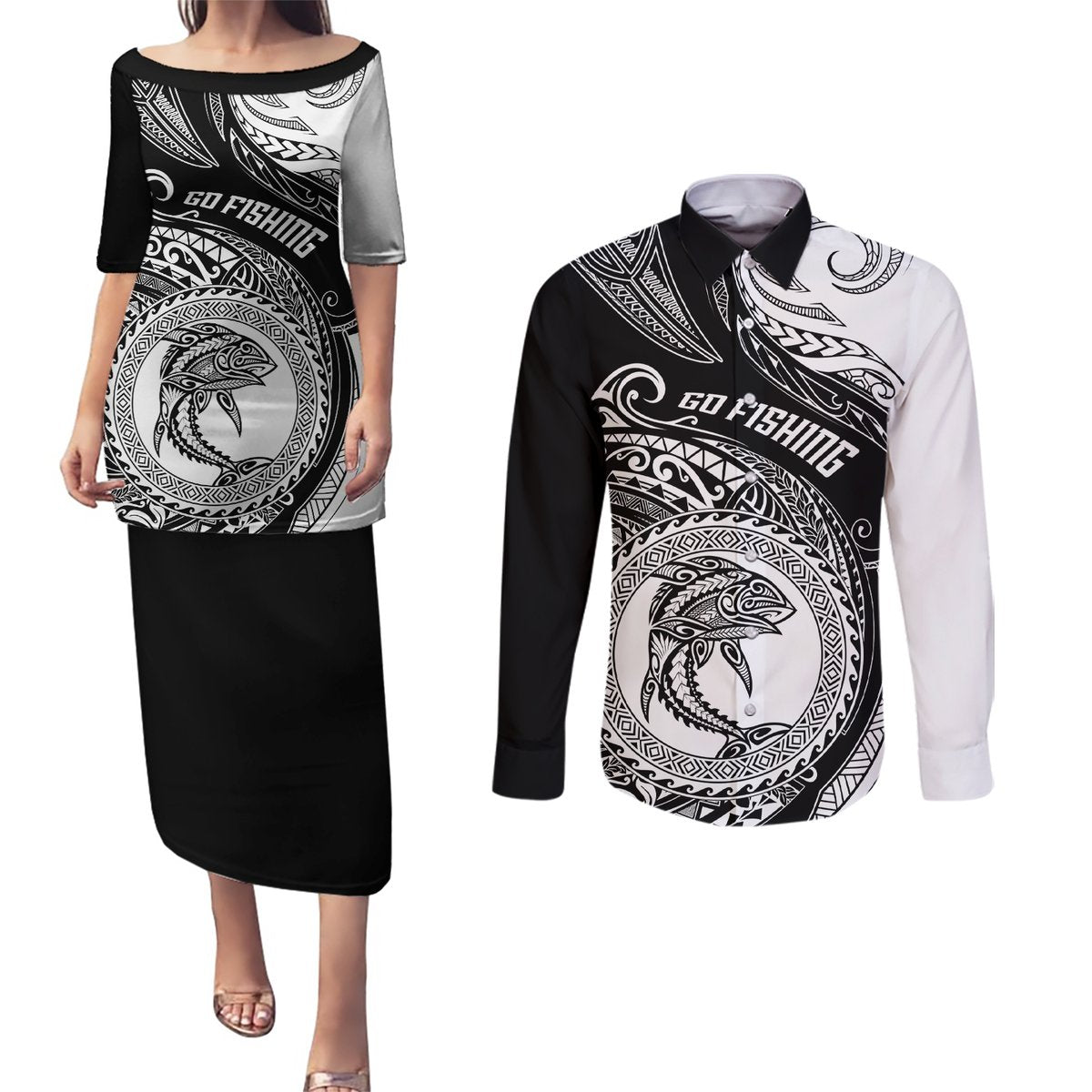 Personalized Go Fishing Couples Matching Puletasi Dress and Long Sleeve Button Shirts Polynesian Pattern LT05 Black - Polynesian Pride