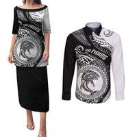 Personalized Go Fishing Couples Matching Puletasi Dress and Long Sleeve Button Shirts Polynesian Pattern LT05 Black - Polynesian Pride