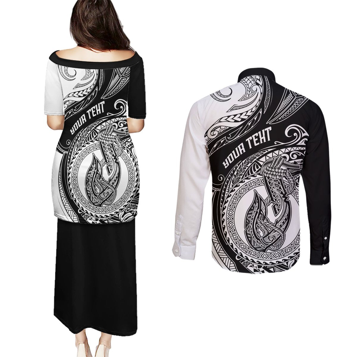 Personalized Go Fishing Couples Matching Puletasi Dress and Long Sleeve Button Shirts Polynesian Pattern LT05 - Polynesian Pride