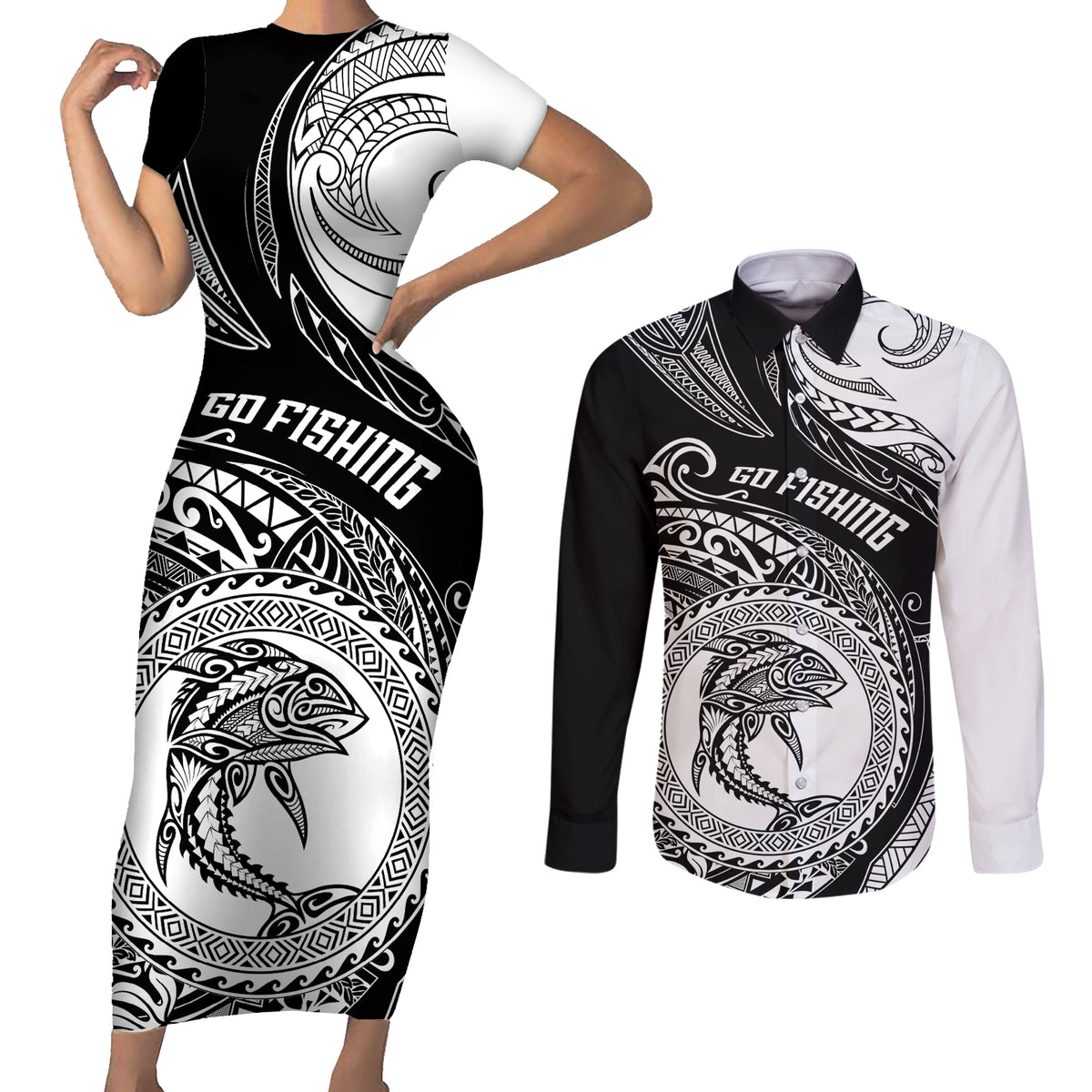 Personalized Go Fishing Couples Matching Short Sleeve Bodycon Dress and Long Sleeve Button Shirts Polynesian Pattern LT05 Black - Polynesian Pride