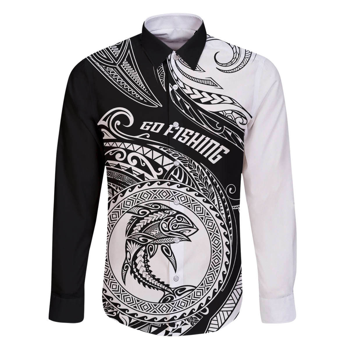Personalized Go Fishing Family Matching Off Shoulder Maxi Dress and Hawaiian Shirt Polynesian Pattern LT05 Dad's Shirt - Long Sleeve Black - Polynesian Pride