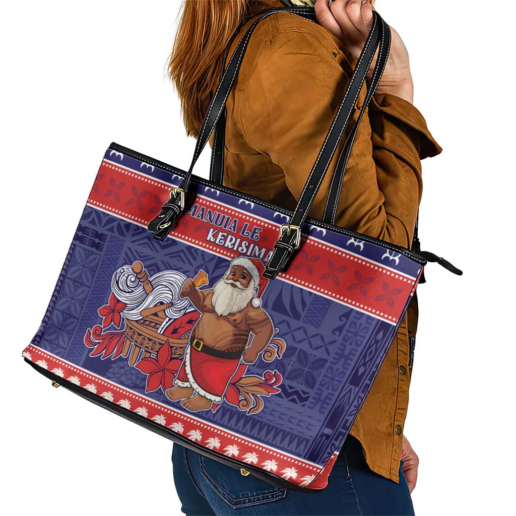 Samoa Christmas Leather Tote Bag Samoan Santa Claus Manuia Le Kerisimasi