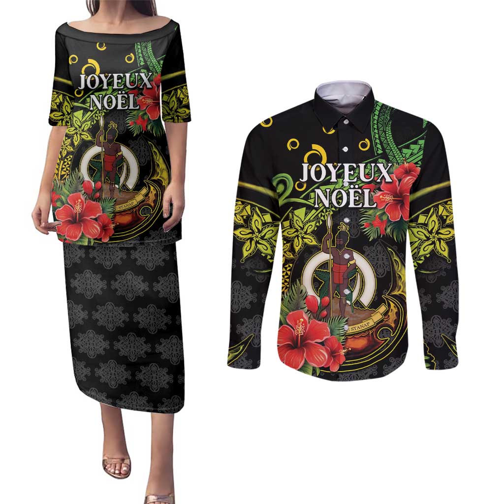 Love Vanuatu Christmas Couples Matching Puletasi and Long Sleeve Button Shirt God Yumi Polynesian Tribal Pattern LT05 Black - Polynesian Pride