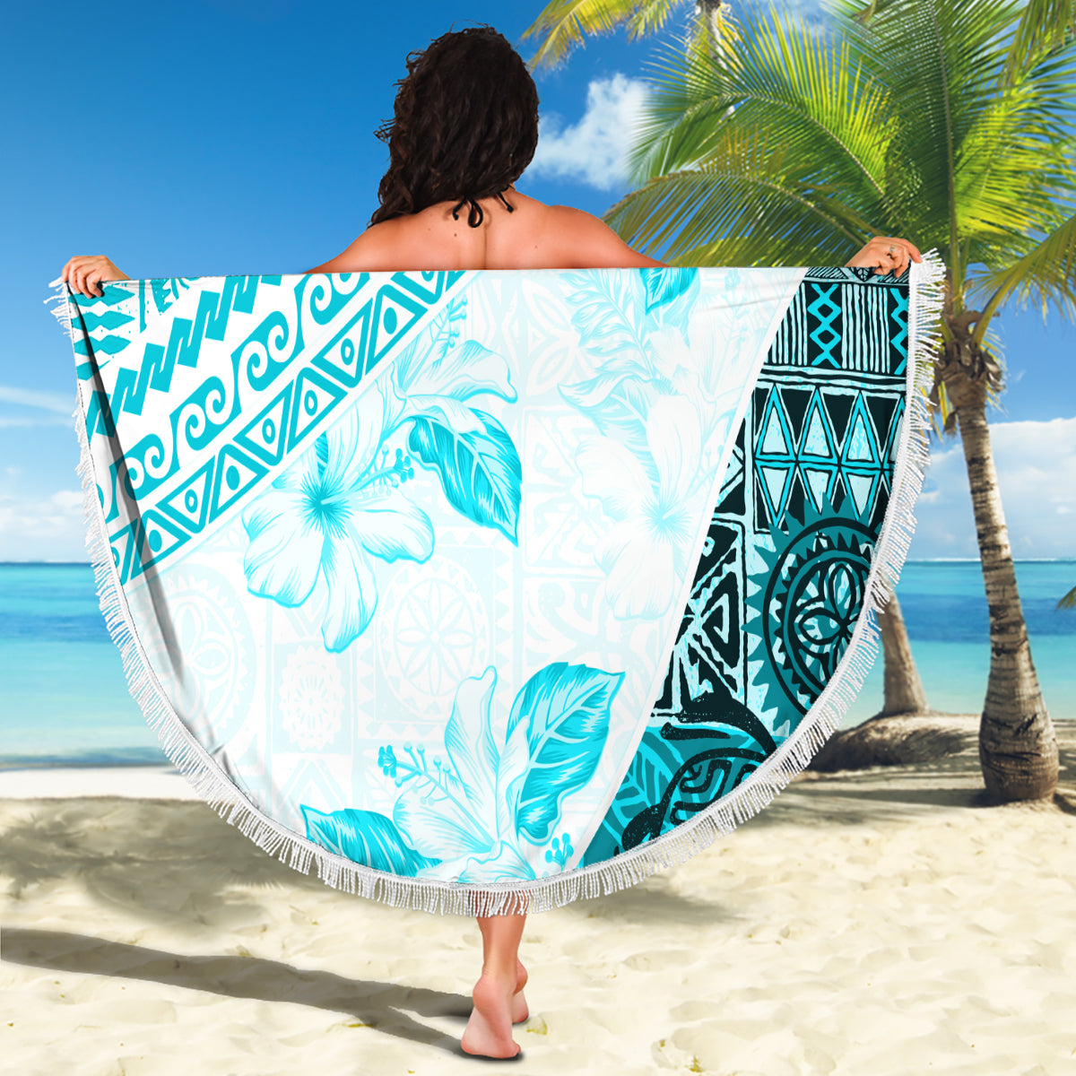 Hawaiian Tapa Beach Blanket Traditional Vintage Pattern Aqua LT05 - Polynesian Pride