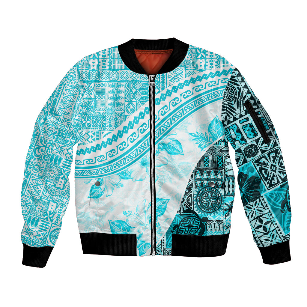 Hawaiian Tapa Sleeve Zip Bomber Jacket Traditional Vintage Pattern Aqua LT05 Unisex Aqua - Polynesian Pride