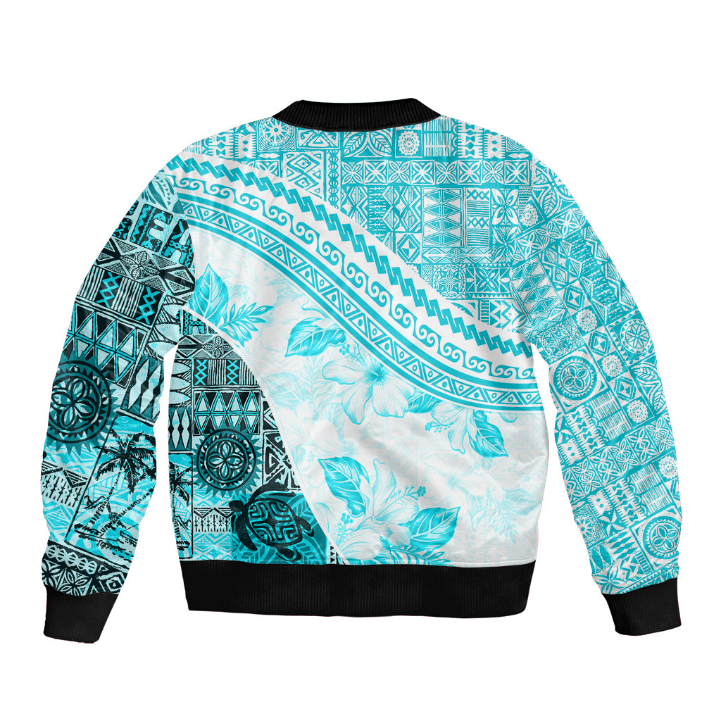 Hawaiian Tapa Sleeve Zip Bomber Jacket Traditional Vintage Pattern Aqua LT05 - Polynesian Pride