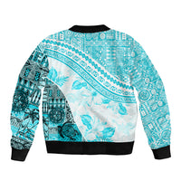 Hawaiian Tapa Sleeve Zip Bomber Jacket Traditional Vintage Pattern Aqua LT05 - Polynesian Pride