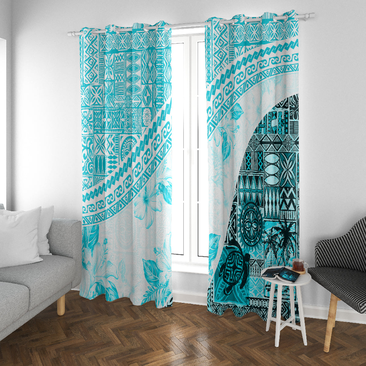 Hawaiian Tapa Window Curtain Traditional Vintage Pattern Aqua LT05 With Grommets Aqua - Polynesian Pride