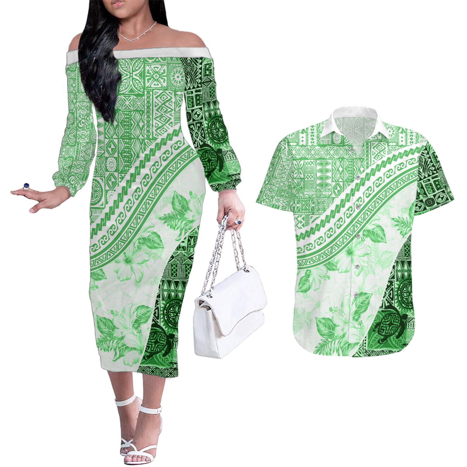Hawaiian Tapa Couples Matching Off The Shoulder Long Sleeve Dress and Hawaiian Shirt Traditional Vintage Pattern Green LT05 Green - Polynesian Pride