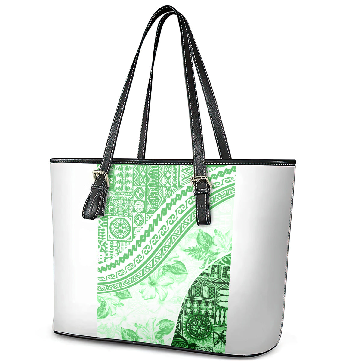Hawaiian Tapa Leather Tote Bag Traditional Vintage Pattern Green LT05 - Polynesian Pride