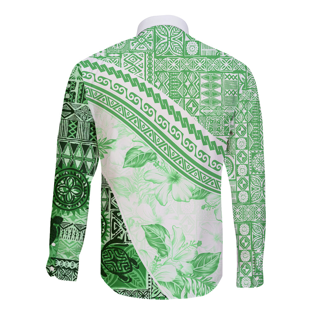 Hawaiian Tapa Long Sleeve Button Shirt Traditional Vintage Pattern Green LT05 - Polynesian Pride