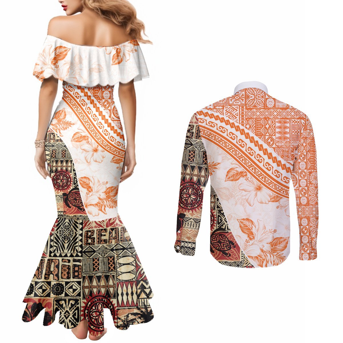 Hawaiian Tapa Couples Matching Mermaid Dress and Long Sleeve Button Shirt Traditional Vintage Pattern Orange LT05 - Polynesian Pride