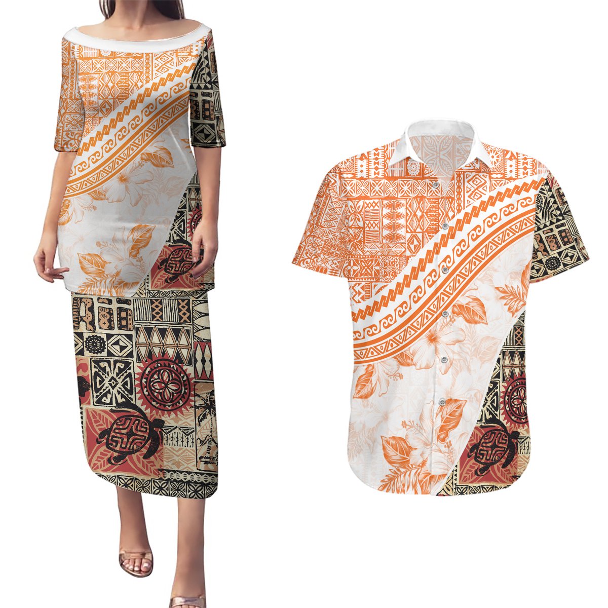 Hawaiian Tapa Couples Matching Puletasi Dress and Hawaiian Shirt Traditional Vintage Pattern Orange LT05 Orange - Polynesian Pride