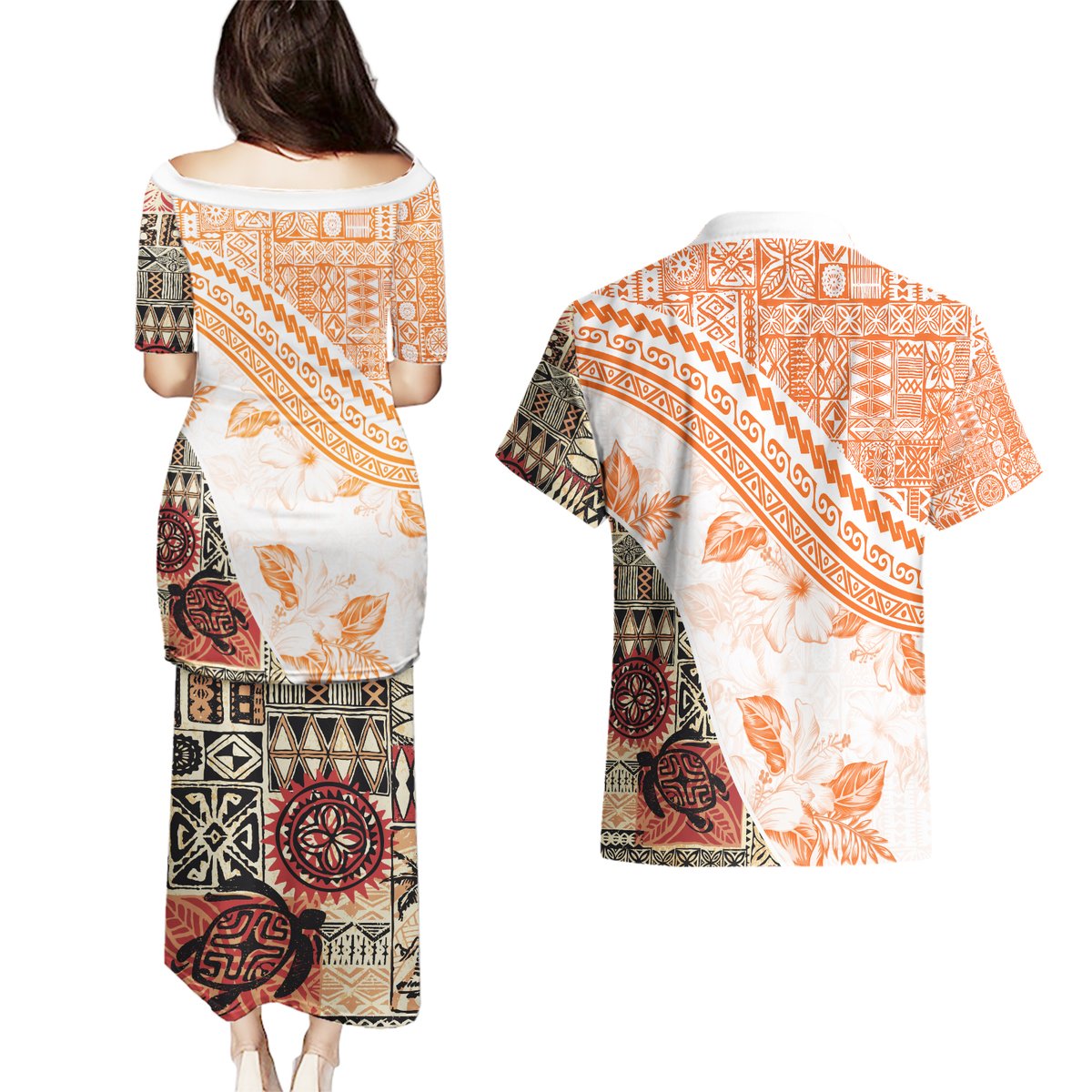 Hawaiian Tapa Couples Matching Puletasi Dress and Hawaiian Shirt Traditional Vintage Pattern Orange LT05 - Polynesian Pride
