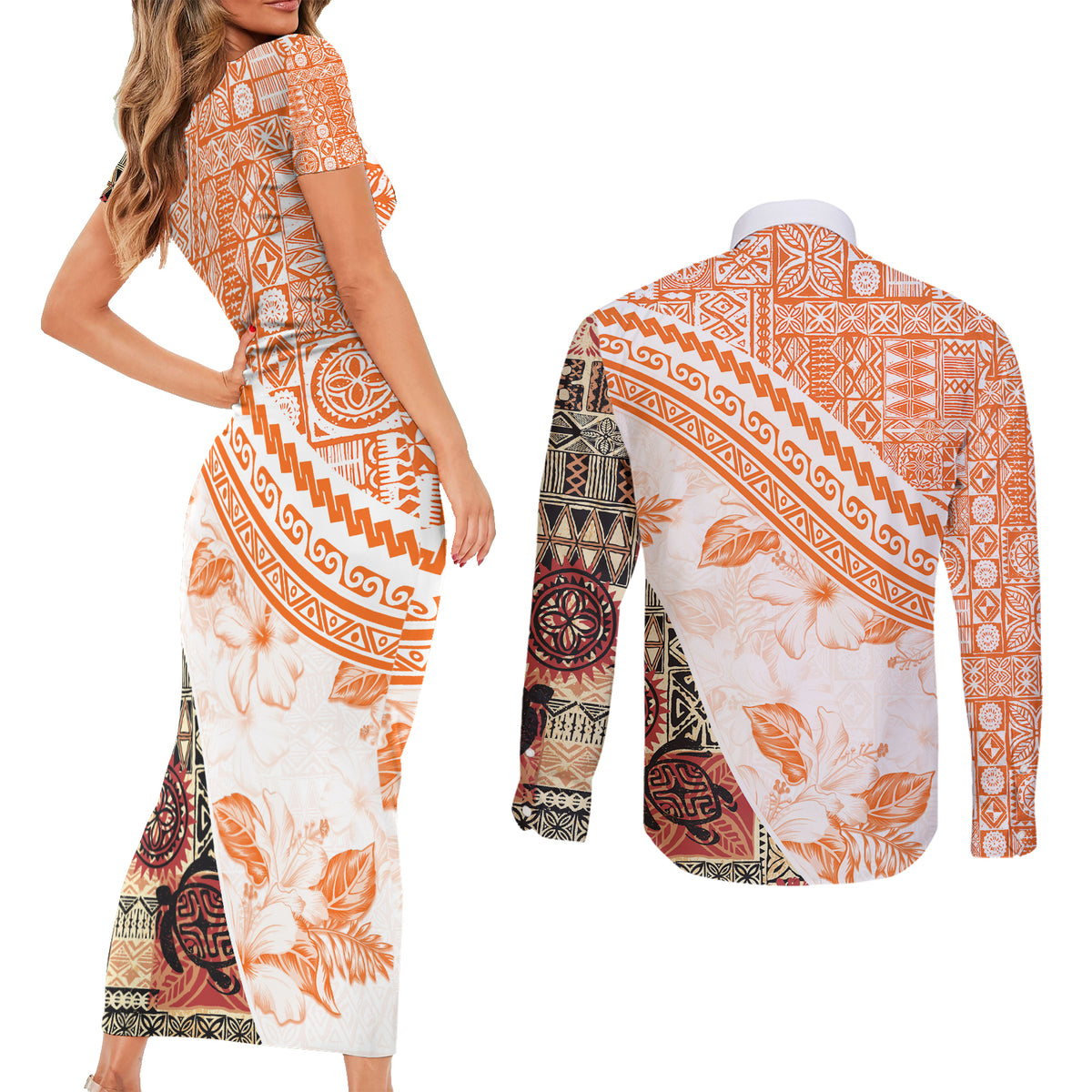 Hawaiian Tapa Couples Matching Short Sleeve Bodycon Dress and Long Sleeve Button Shirt Traditional Vintage Pattern Orange LT05 - Polynesian Pride