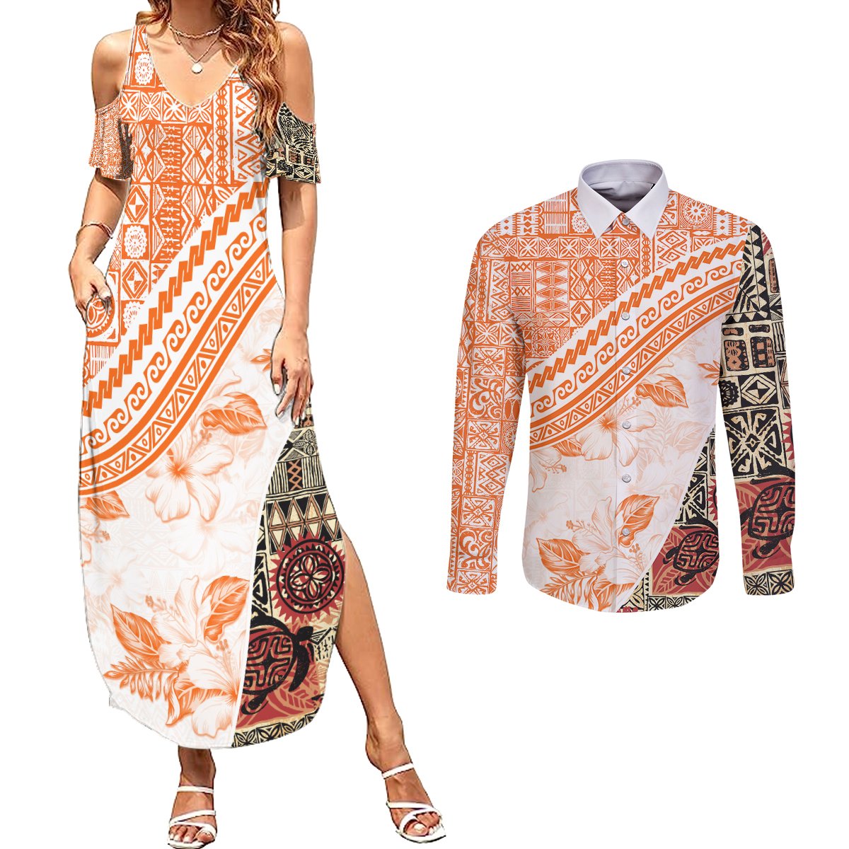 Hawaiian Tapa Couples Matching Summer Maxi Dress and Long Sleeve Button Shirt Traditional Vintage Pattern Orange LT05 Orange - Polynesian Pride