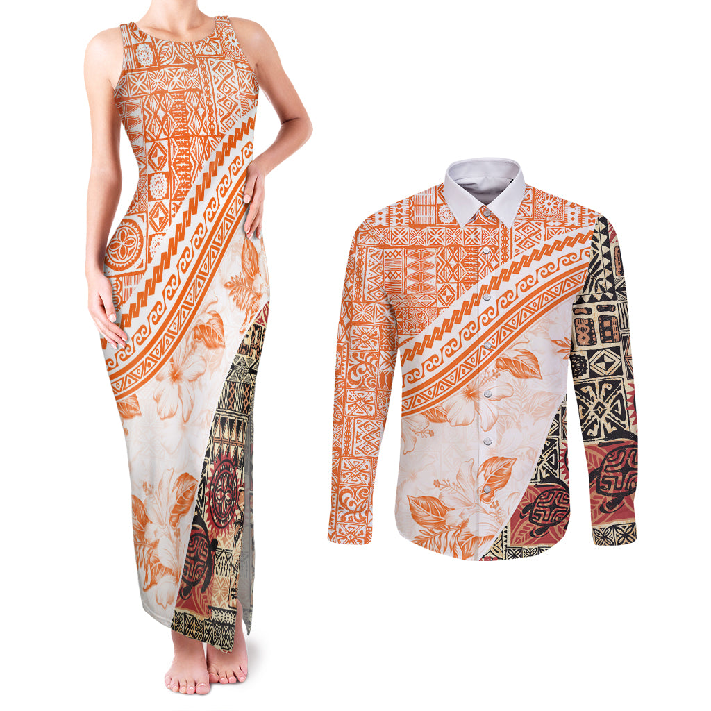 Hawaiian Tapa Couples Matching Tank Maxi Dress and Long Sleeve Button Shirt Traditional Vintage Pattern Orange LT05 Orange - Polynesian Pride