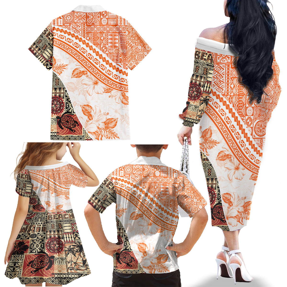Hawaiian Tapa Family Matching Off Shoulder Long Sleeve Dress and Hawaiian Shirt Traditional Vintage Pattern Orange LT05 - Polynesian Pride