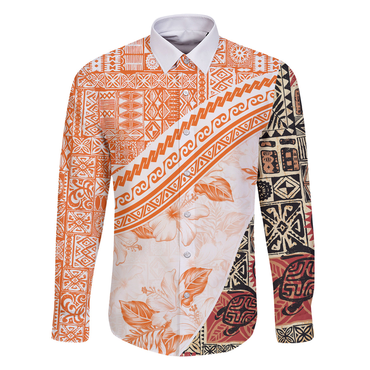 Hawaiian Tapa Family Matching Tank Maxi Dress and Hawaiian Shirt Traditional Vintage Pattern Orange LT05 Dad's Shirt - Long Sleeve Orange - Polynesian Pride