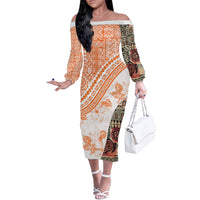 Hawaiian Tapa Off The Shoulder Long Sleeve Dress Traditional Vintage Pattern Orange LT05 Women Orange - Polynesian Pride