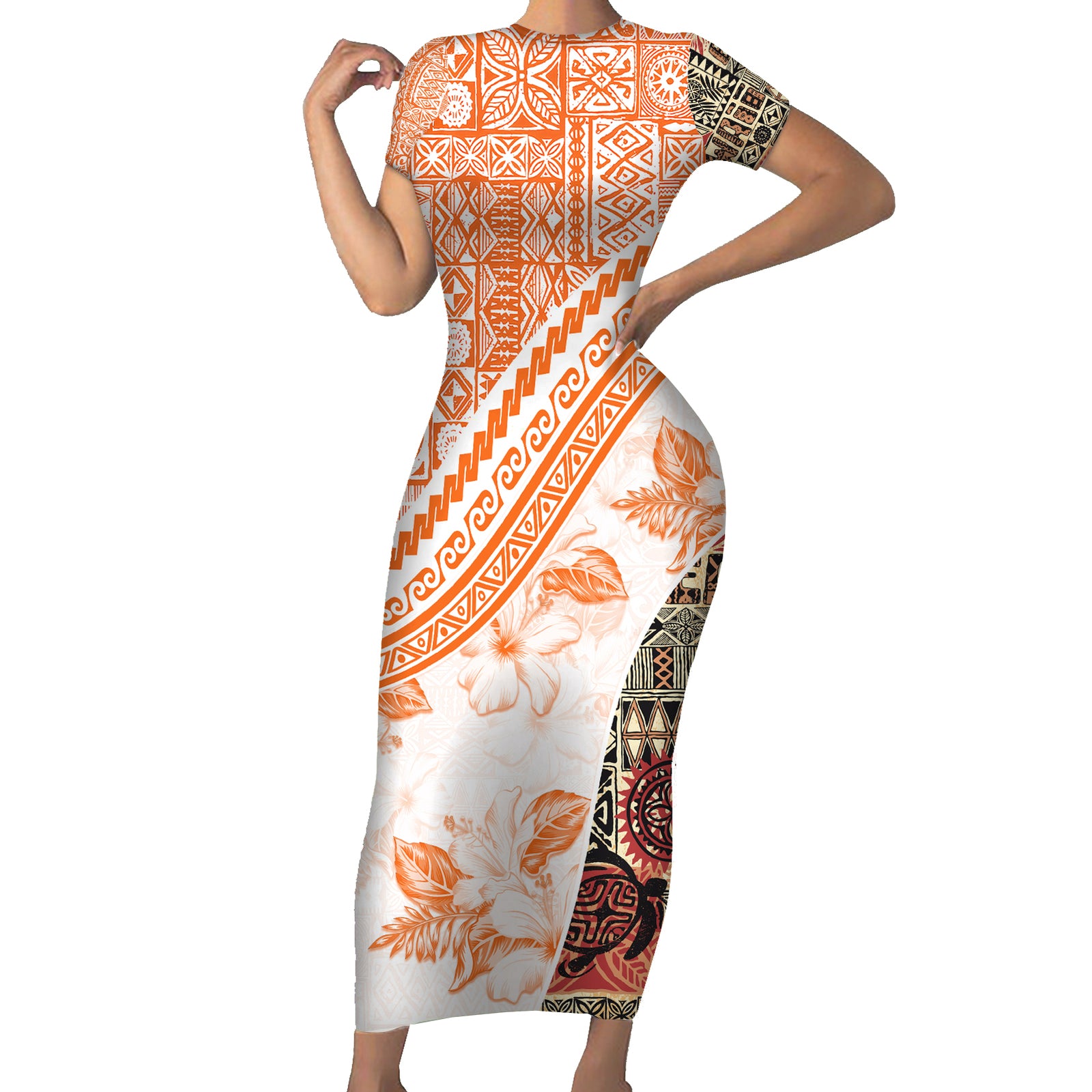 Hawaiian Tapa Short Sleeve Bodycon Dress Traditional Vintage Pattern Orange LT05 Long Dress Orange - Polynesian Pride